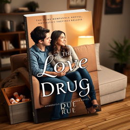 A book cover design for a young romance novel titled 'The Love Drug' by Rue