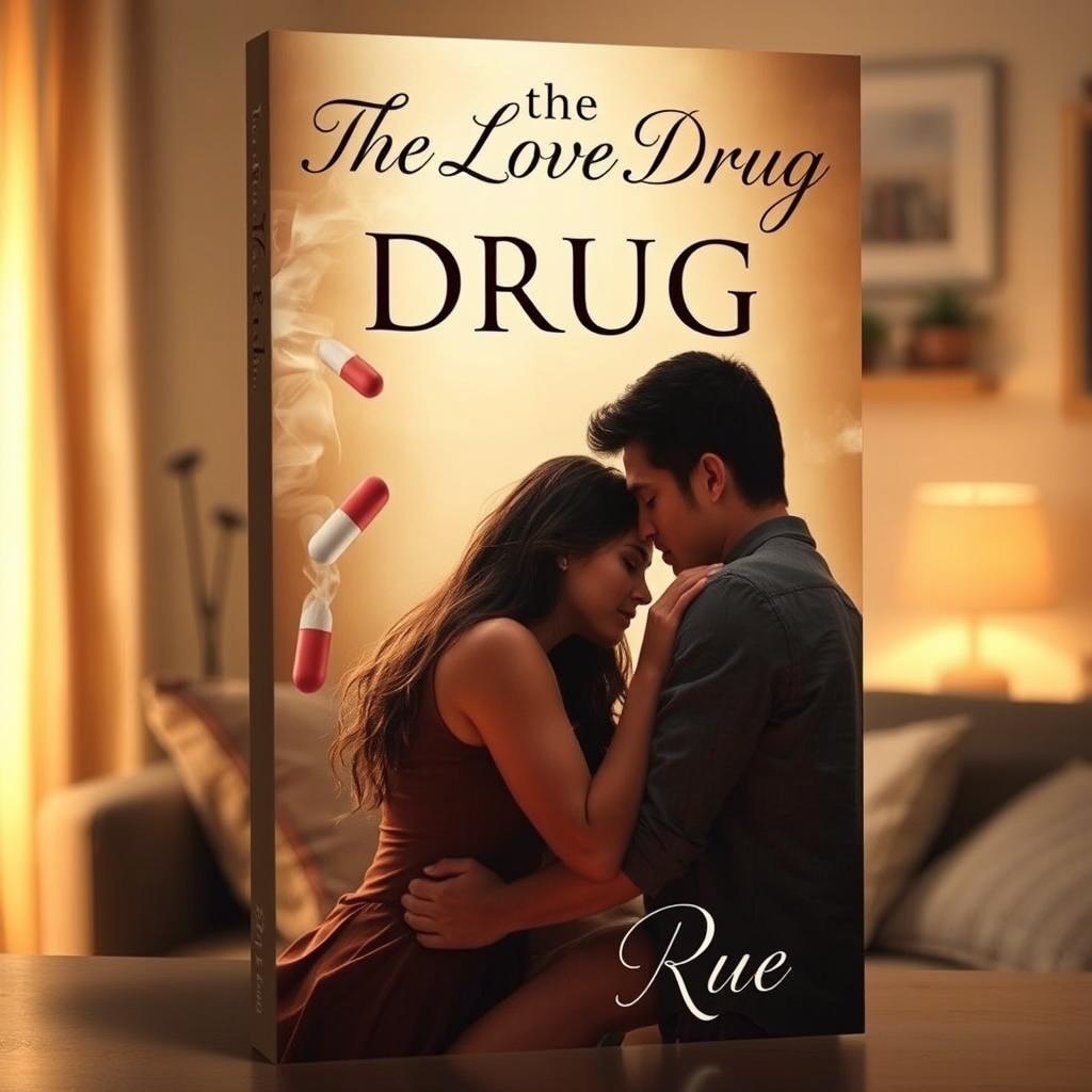 A book cover for a young romance novel titled "The Love Drug" by Rue