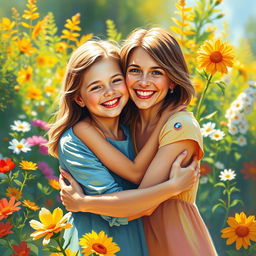 A warm, loving scene depicting the bond between a mother and her daughter in a vibrant, colorful painting