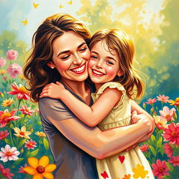 A warm, loving scene depicting the bond between a mother and her daughter in a vibrant, colorful painting