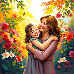 A warm, loving scene depicting the bond between a mother and her daughter in a vibrant, colorful painting