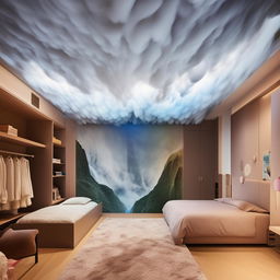 Generate an expansive room with a ceiling resembling clouds. A bed is affixed in the middle of one wall, adjacent to a large mirror and multi-compartment wardrobe. The floor is covered with a soft mat, and a wall opposite the bed features a waterfall. An empty wall has a blend of light and dark colors. Include a large study table and wall-fixed shelves.