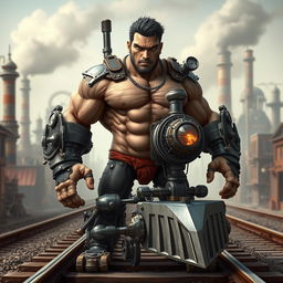 A half-human, half-train character, seamlessly blending human features with intricate train elements