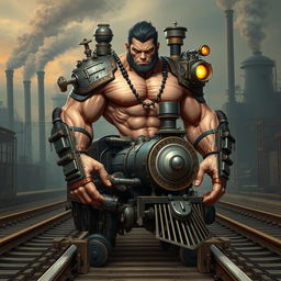 A half-human, half-train character, seamlessly blending human features with intricate train elements