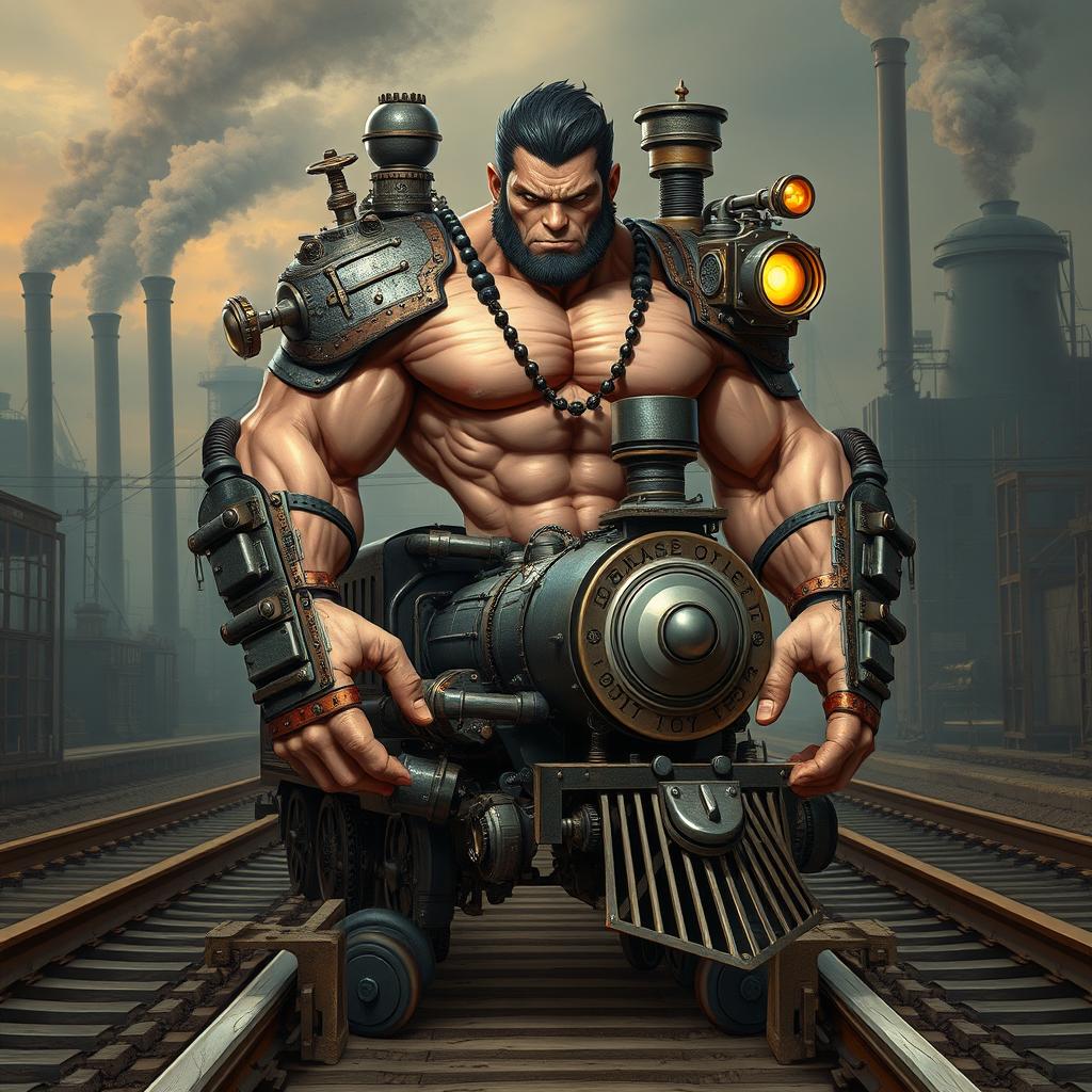 A half-human, half-train character, seamlessly blending human features with intricate train elements