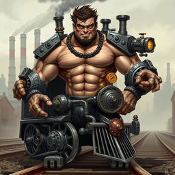 A half-human, half-train character, seamlessly blending human features with intricate train elements