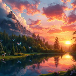 A highly detailed digital artwork depicting an enchanting fantasy landscape