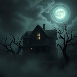A hauntingly eerie old house situated in the center of a dark and foreboding landscape, enveloped in a shroud of thick fog