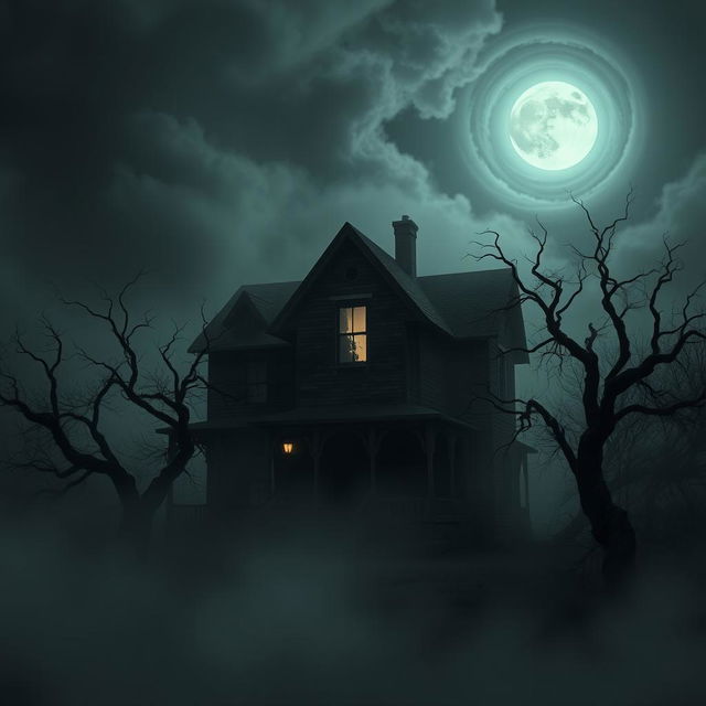 A hauntingly eerie old house situated in the center of a dark and foreboding landscape, enveloped in a shroud of thick fog