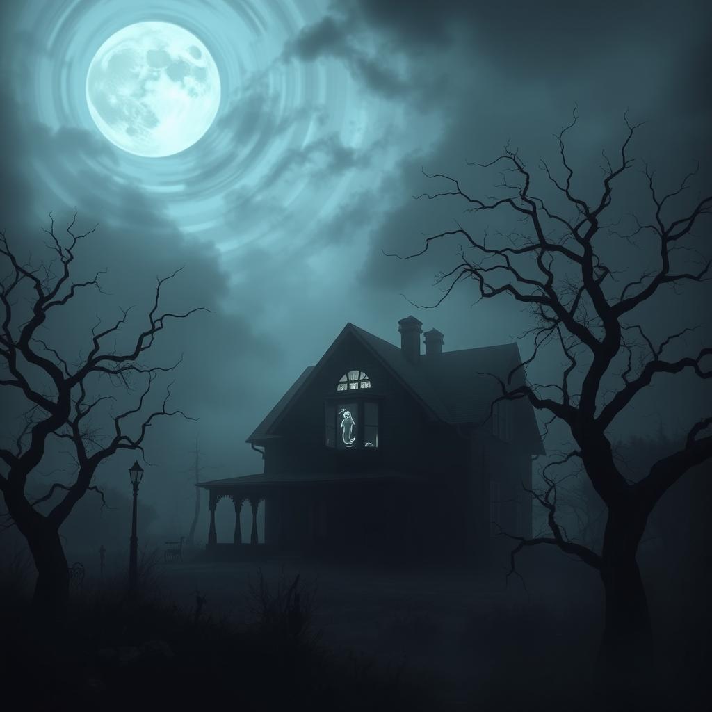 A hauntingly eerie old house situated in the center of a dark and foreboding landscape, enveloped in a shroud of thick fog