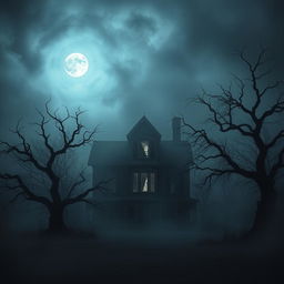 A hauntingly eerie old house situated in the center of a dark and foreboding landscape, enveloped in a shroud of thick fog