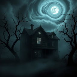 A hauntingly eerie old house situated in the center of a dark and foreboding landscape, enveloped in a shroud of thick fog
