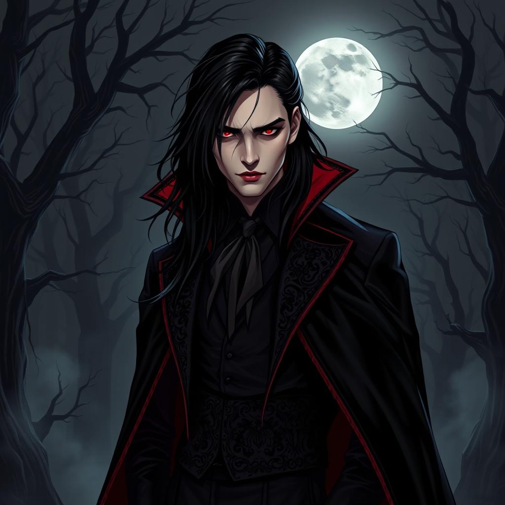 A dramatic vampire character design for a gothic novel cover, featuring an elegant and alluring gothic vampire with long, flowing black hair and striking red eyes