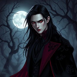 A dramatic vampire character design for a gothic novel cover, featuring an elegant and alluring gothic vampire with long, flowing black hair and striking red eyes