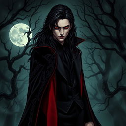 A dramatic vampire character design for a gothic novel cover, featuring an elegant and alluring gothic vampire with long, flowing black hair and striking red eyes