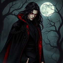 A dramatic vampire character design for a gothic novel cover, featuring an elegant and alluring gothic vampire with long, flowing black hair and striking red eyes