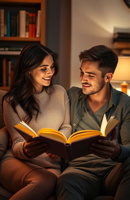 A romantic scene featuring a beautiful woman and a handsome man engrossed in reading a captivating book together