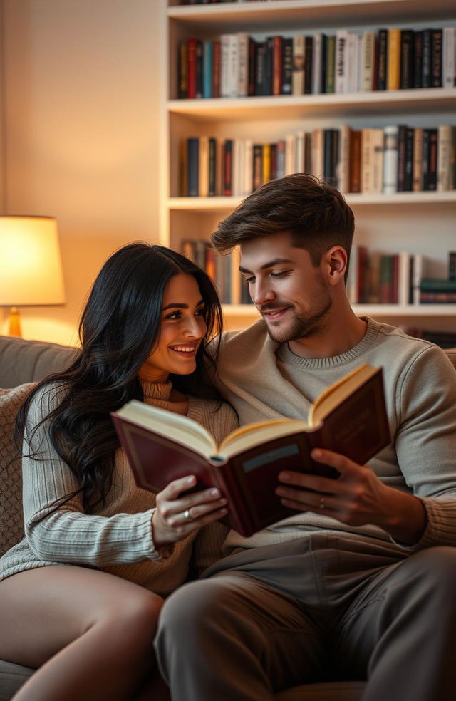 A romantic scene featuring a beautiful woman and a handsome man engrossed in reading a captivating book together