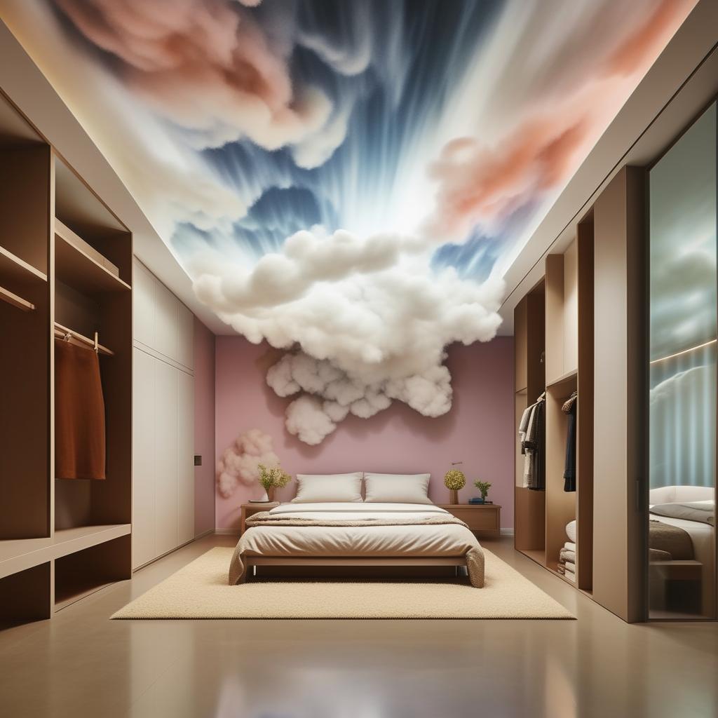 Generate an expansive room with a ceiling resembling clouds. A bed is affixed in the middle of one wall, adjacent to a large mirror and multi-compartment wardrobe. The floor is covered with a soft mat, and a wall opposite the bed features a waterfall. An empty wall has a blend of light and dark colors. Include a large study table and wall-fixed shelves.