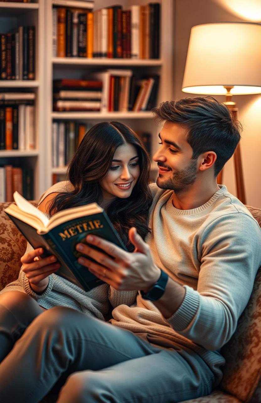 A romantic scene featuring a beautiful woman and a handsome man engrossed in reading a captivating book together