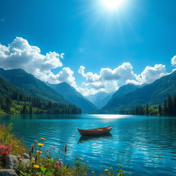 a beautifully detailed landscape featuring a serene lake surrounded by lush green forests, with mountains in the background under a bright blue sky dotted with fluffy white clouds
