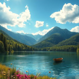 a beautifully detailed landscape featuring a serene lake surrounded by lush green forests, with mountains in the background under a bright blue sky dotted with fluffy white clouds