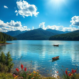 a beautifully detailed landscape featuring a serene lake surrounded by lush green forests, with mountains in the background under a bright blue sky dotted with fluffy white clouds