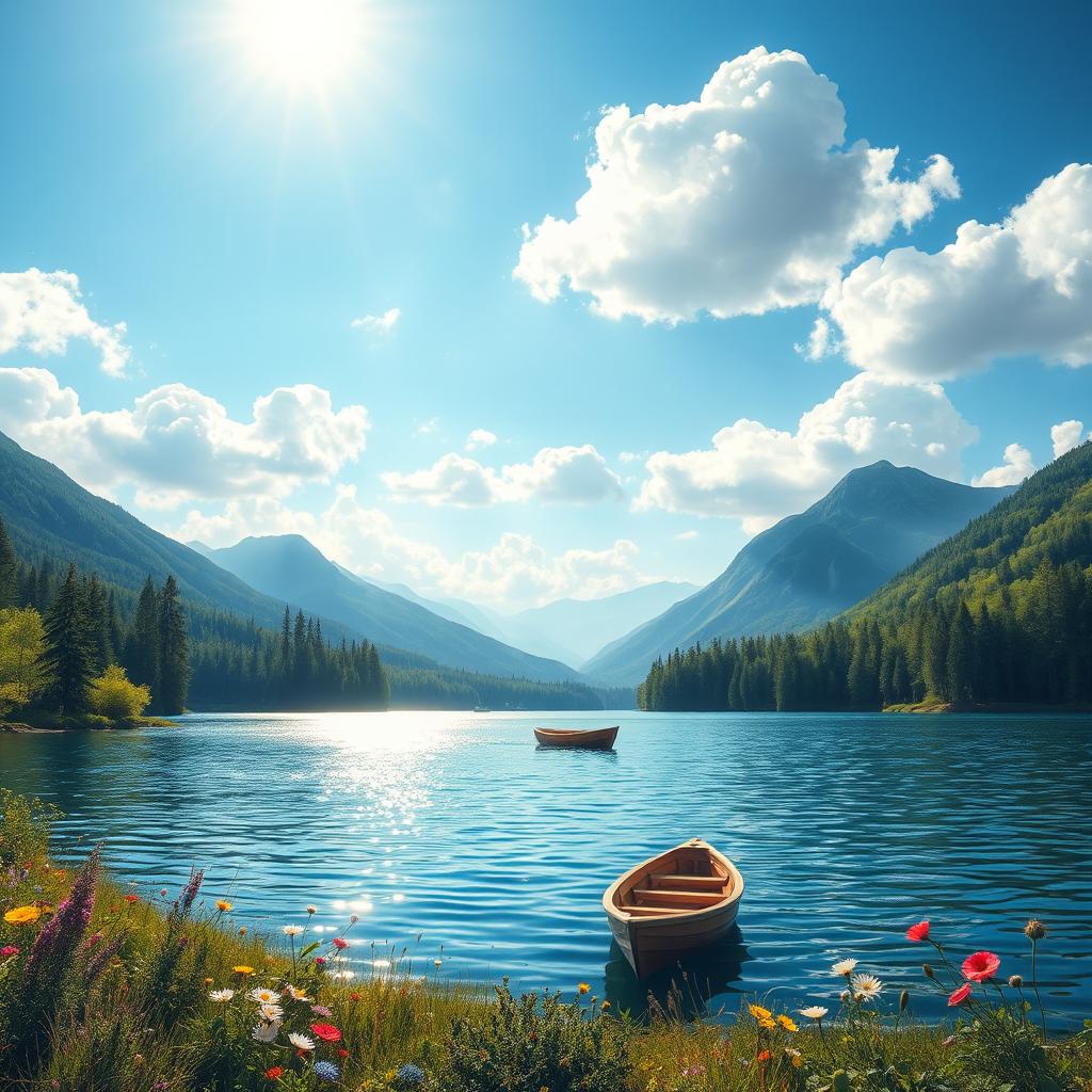 a beautifully detailed landscape featuring a serene lake surrounded by lush green forests, with mountains in the background under a bright blue sky dotted with fluffy white clouds