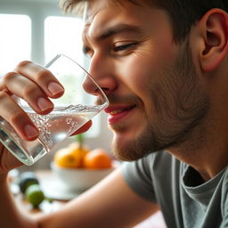 A close-up image of a man drinking water from a clear glass, showcasing the refreshing droplets on the glass