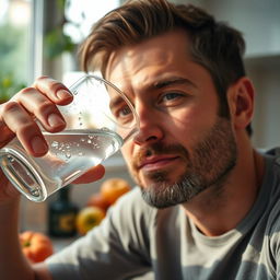 A close-up image of a man drinking water from a clear glass, showcasing the refreshing droplets on the glass