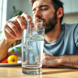 A close-up image of a man drinking water from a clear glass, showcasing the refreshing droplets on the glass