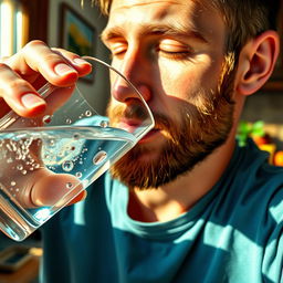 A close-up image of a man drinking water from a clear glass, showcasing the refreshing droplets on the glass