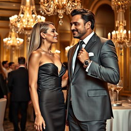A glamorous scene featuring an attractive woman and a wealthy man exuding charisma and sophistication