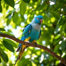 A vibrant blue Quaker parrot perched on a sturdy branch, surrounded by lush green leaves