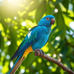 A vibrant blue Quaker parrot perched on a sturdy branch, surrounded by lush green leaves