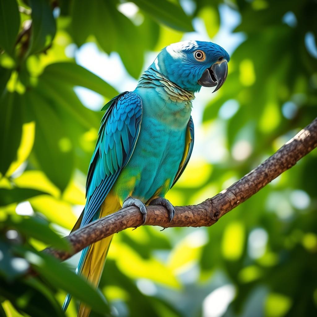 A vibrant blue Quaker parrot perched on a sturdy branch, surrounded by lush green leaves