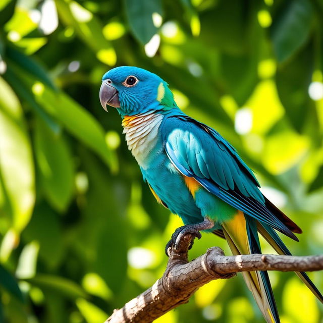 A vibrant blue Quaker parrot perched on a sturdy branch, surrounded by lush green leaves