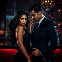 An electrifying scene featuring an alluring woman and a wealthy man exuding a sense of danger and allure