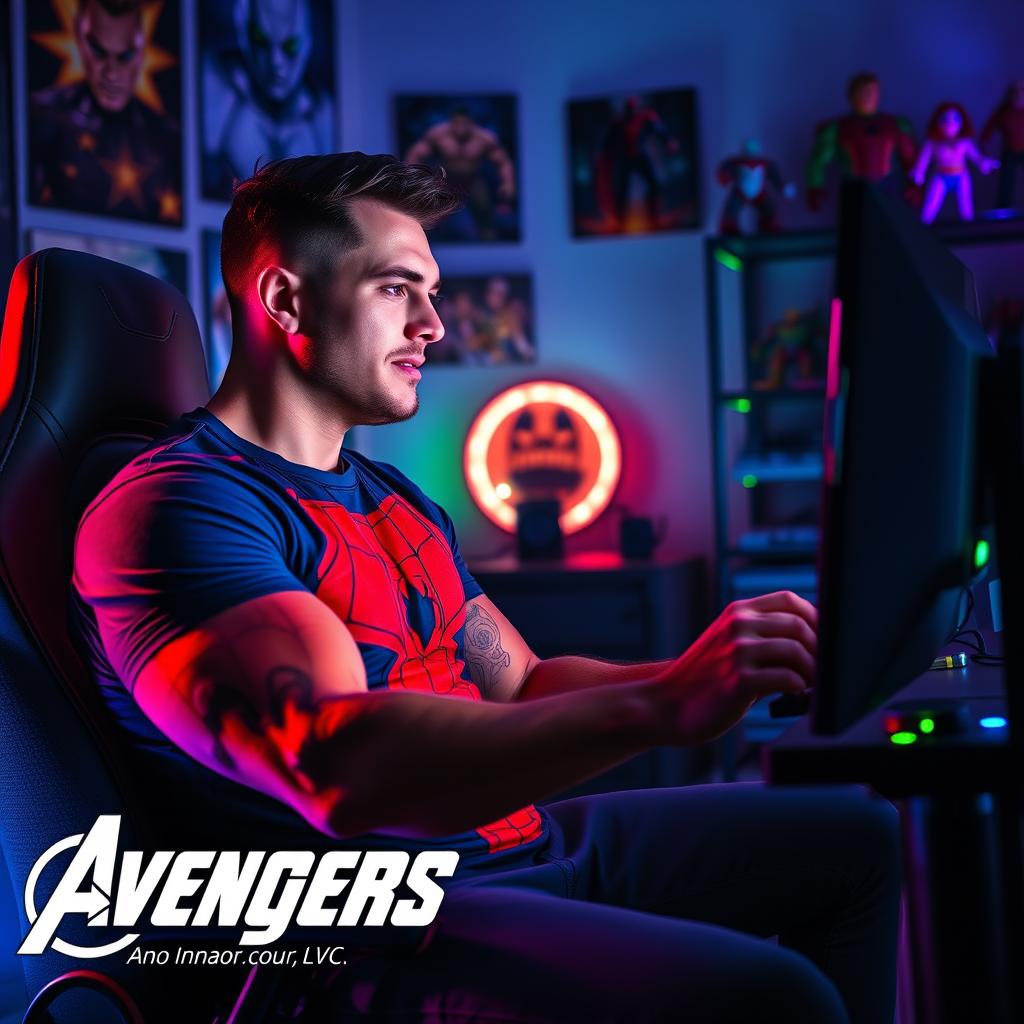 A dramatic scene featuring a muscular man playing a video game titled 'Avengers'