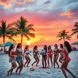 A vibrant beach scene featuring a beautiful sunset casting warm hues of orange and pink over the sandy shore