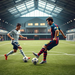 A spacious indoor soccer field, with a large house visible in the background