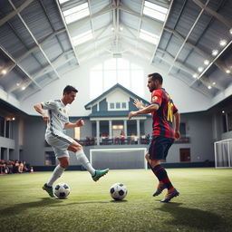 A spacious indoor soccer field, with a large house visible in the background