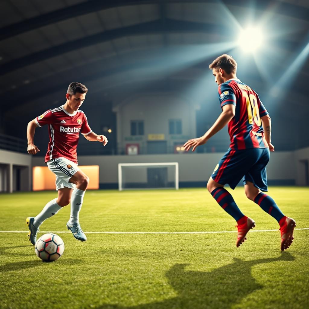 A spacious indoor soccer field, with a large house visible in the background