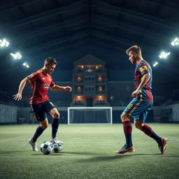 A spacious indoor soccer field, with a large house visible in the background