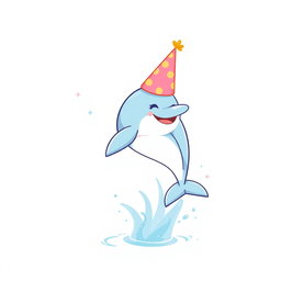 A cute birthday-themed blue colored soft pastel dolphin wears a colorful birthday hat while joyfully jumping out of an ocean water splash