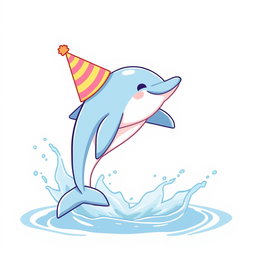 A cute birthday-themed blue colored soft pastel dolphin wears a colorful birthday hat while joyfully jumping out of an ocean water splash