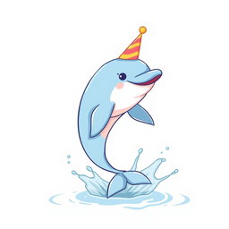 A cute birthday-themed blue colored soft pastel dolphin wears a colorful birthday hat while joyfully jumping out of an ocean water splash