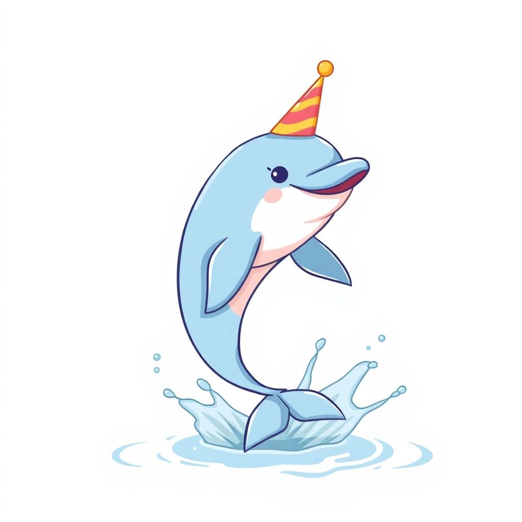 A cute birthday-themed blue colored soft pastel dolphin wears a colorful birthday hat while joyfully jumping out of an ocean water splash