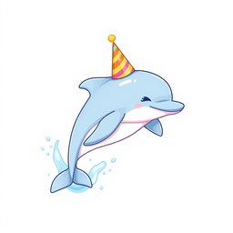 A cute birthday-themed blue colored soft pastel dolphin wears a colorful birthday hat while joyfully jumping out of an ocean water splash
