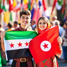 A young man proudly holding the Syrian flag alongside a young woman displaying the Algerian flag